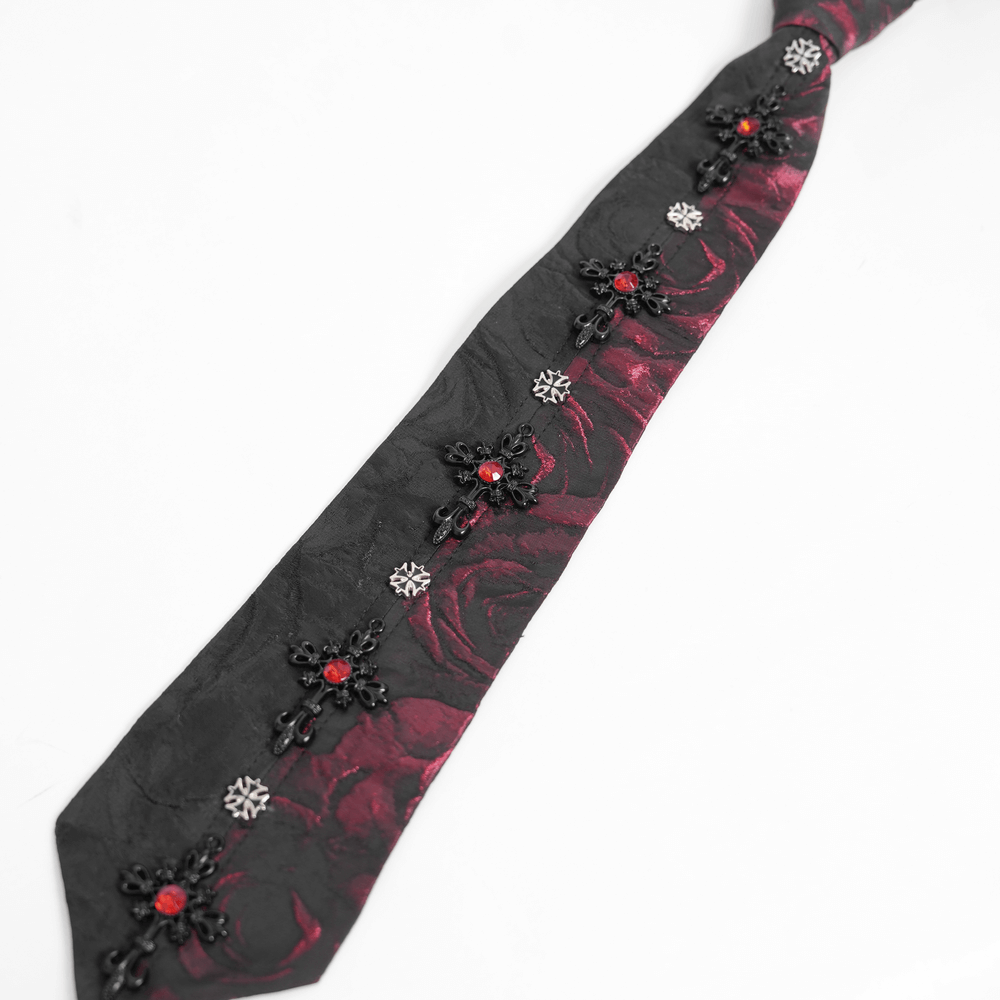 Elegant Gothic red-black floral necktie with crystal embellishments for alternative fashion.