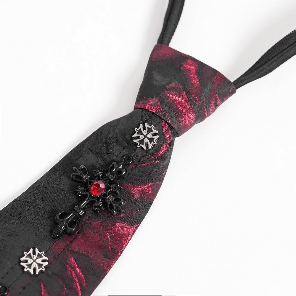 Elegant gothic red-black floral tie with crystal embellishments, perfect for alternative fashion.