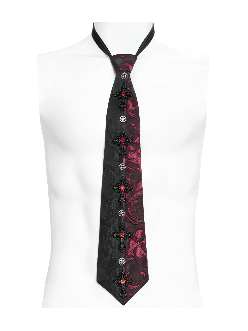 Gothic red-black floral crystal necktie with intricate embellishments for stylish alternative fashion.