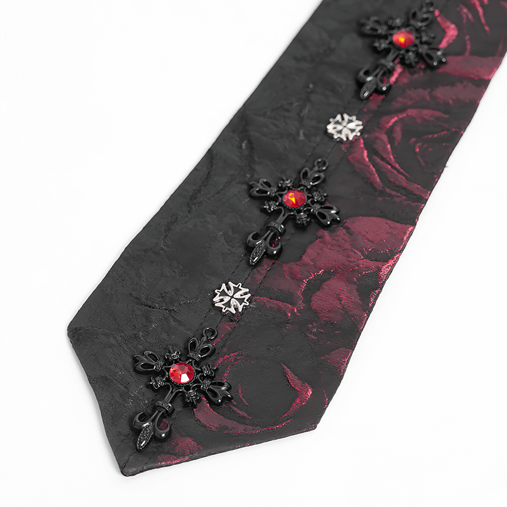Elegant Gothic red and black floral necktie with crystal embellishments for stylish outfits.
