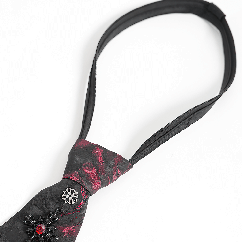 Elegant Gothic red-black floral crystal necktie with stylish embellishments, perfect for alternative fashion.