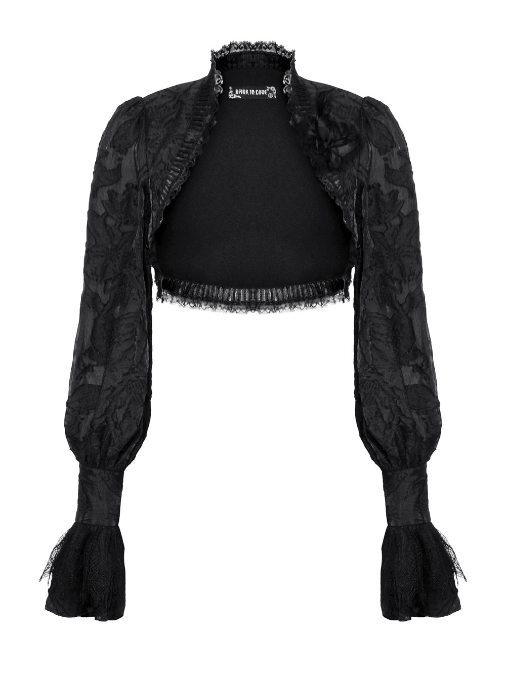 Elegant black gothic bolero with ruffles and fringe sleeves, perfect for a Victorian-inspired wardrobe.