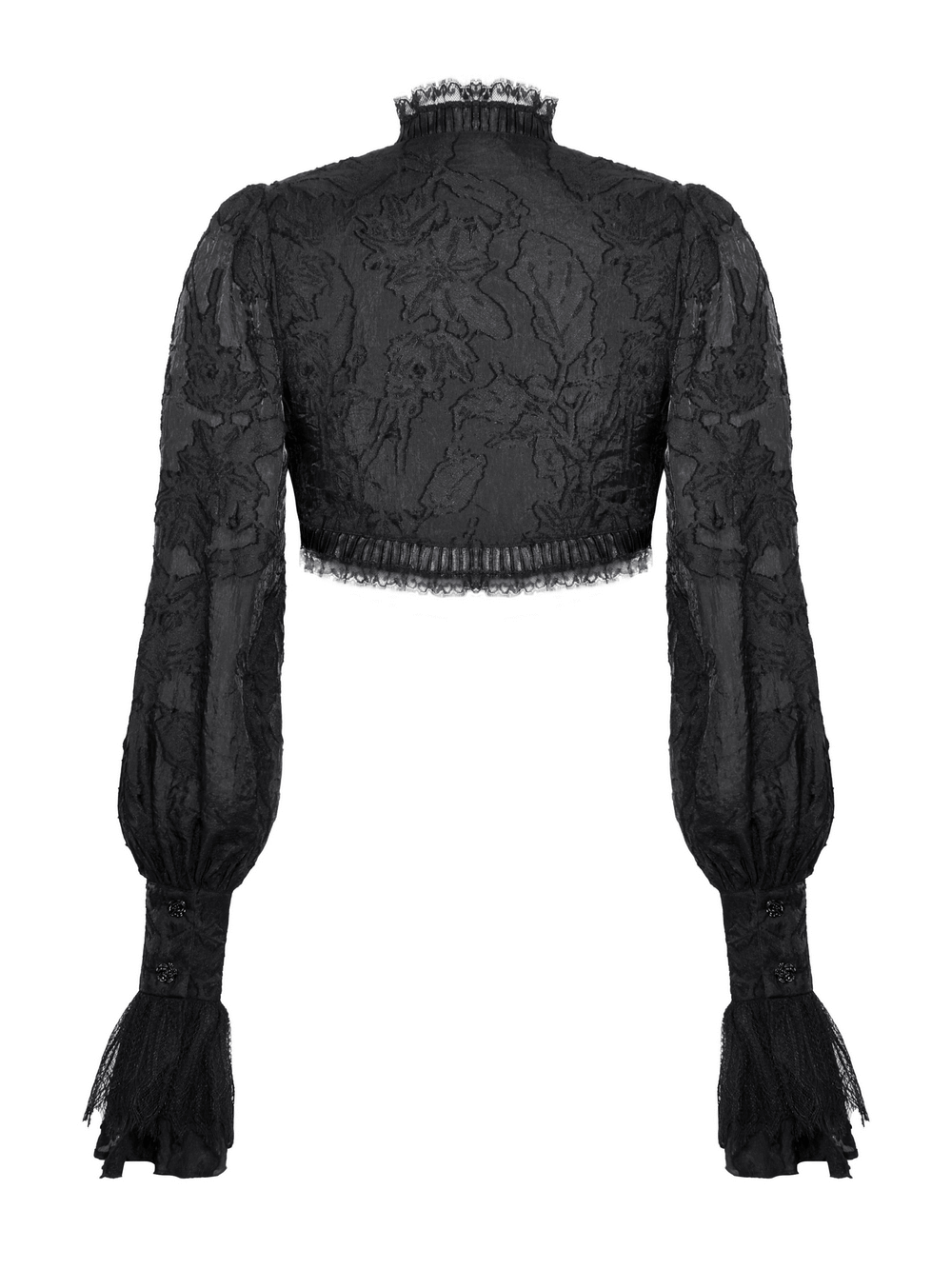 Elegant black gothic bolero with lace, ruffles, and fringe sleeves, perfect for a stylish gothic wardrobe.