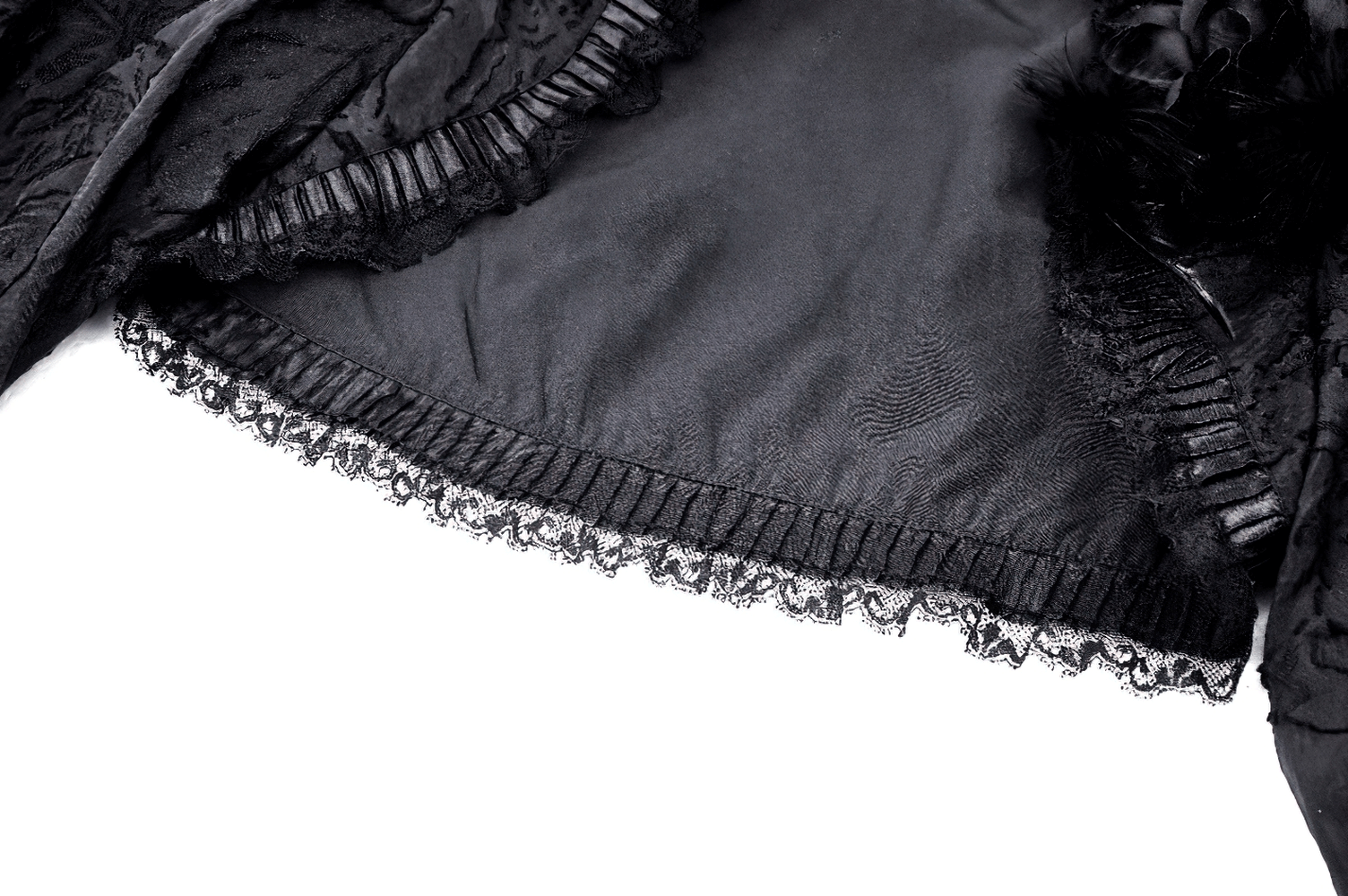 Elegant black lace trim and ruffled detailing on a gothic bolero sleeve. Perfect addition to any Victorian-inspired outfit.