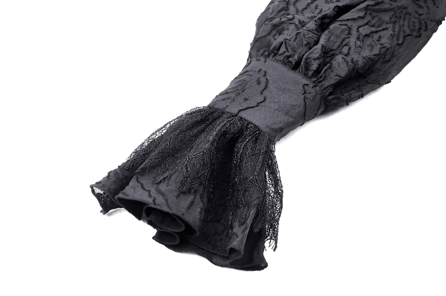 Elegant black gothic bolero sleeve with ruffled lace cuffs showcasing intricate floral patterns.