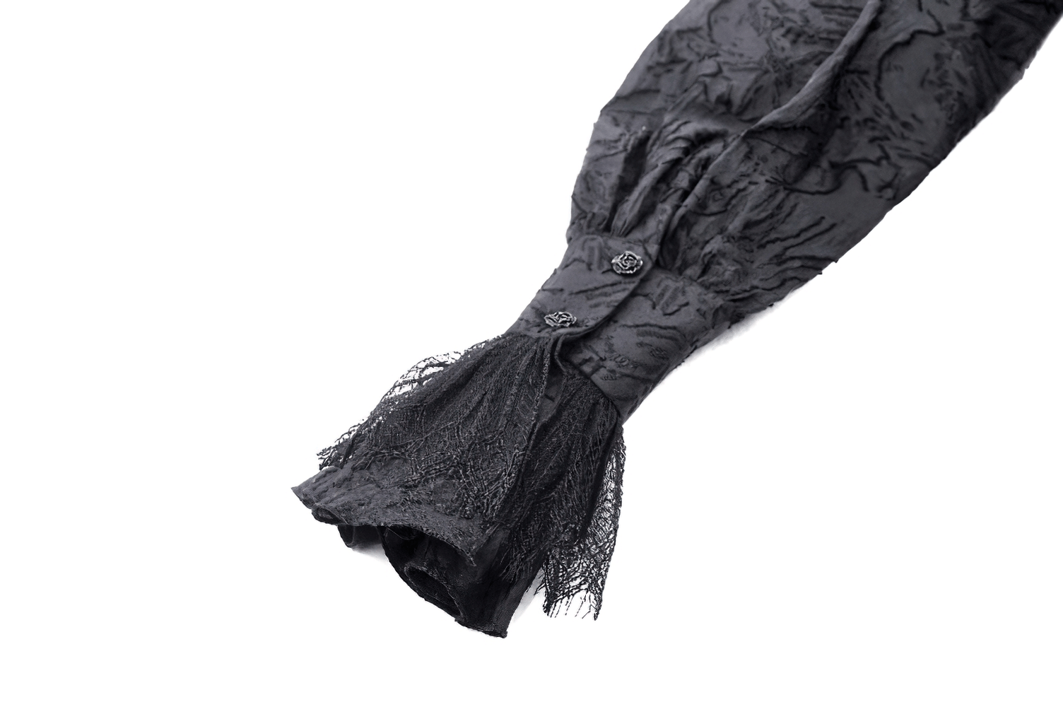 Close-up of elegant black bolero sleeve with lace ruffles and detailed buttons, perfect for gothic fashion.