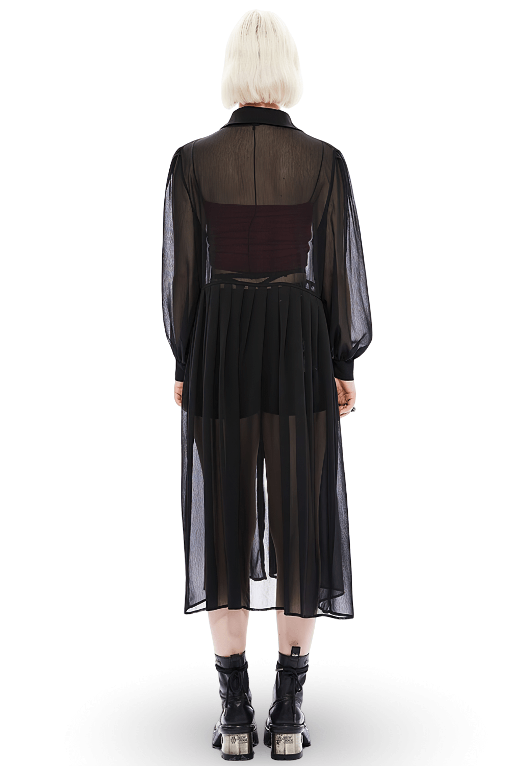 Elegant Gothic Sheer Black Long Sleeve Shirt Dress