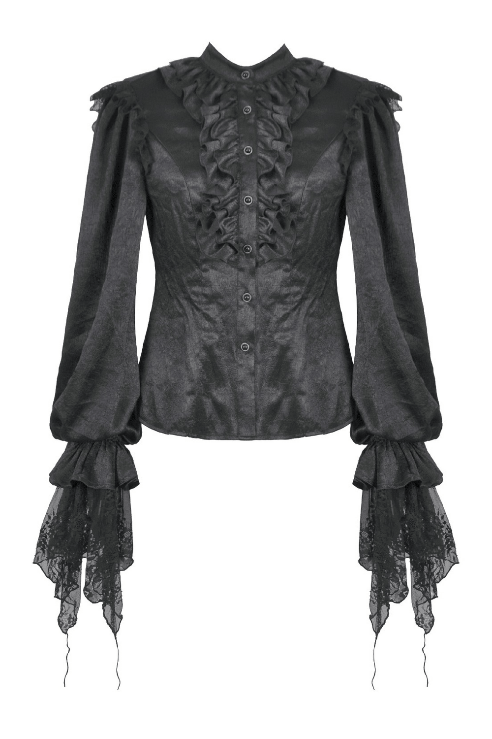 Elegant Gothic Shirt with Ruffles and Dramatic Lace Cuffs featuring ruffled front and lace sleeves.