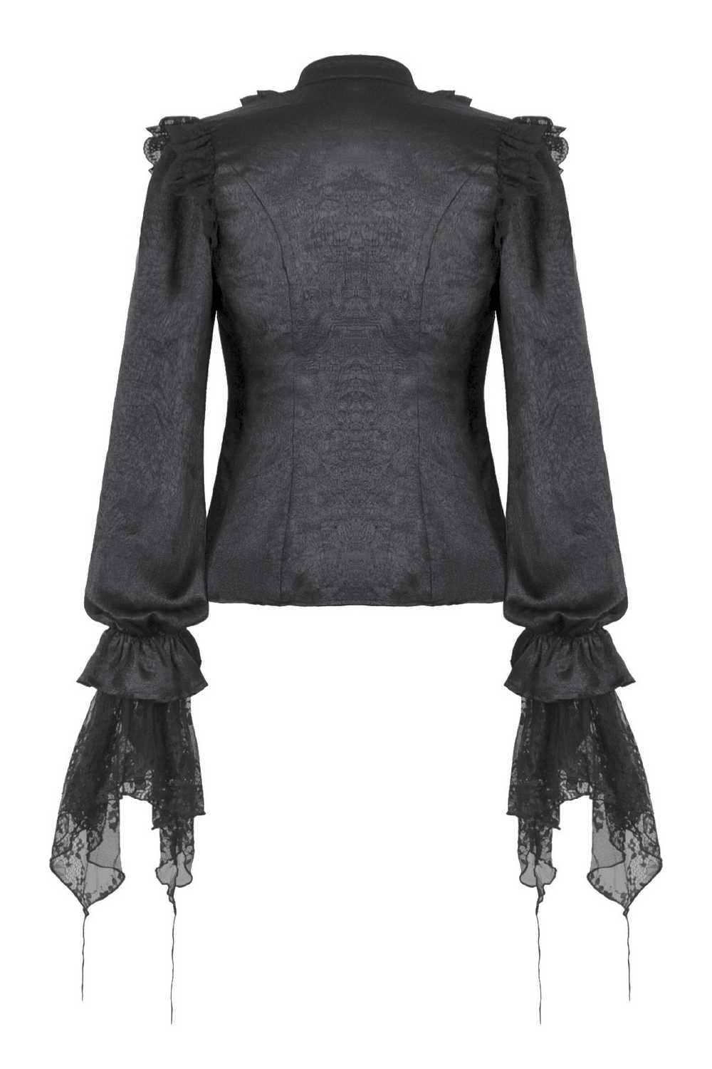 Elegant Gothic Shirt with Ruffles and Dramatic Lace Cuffs back view with ruffled shoulders and lace cuffs