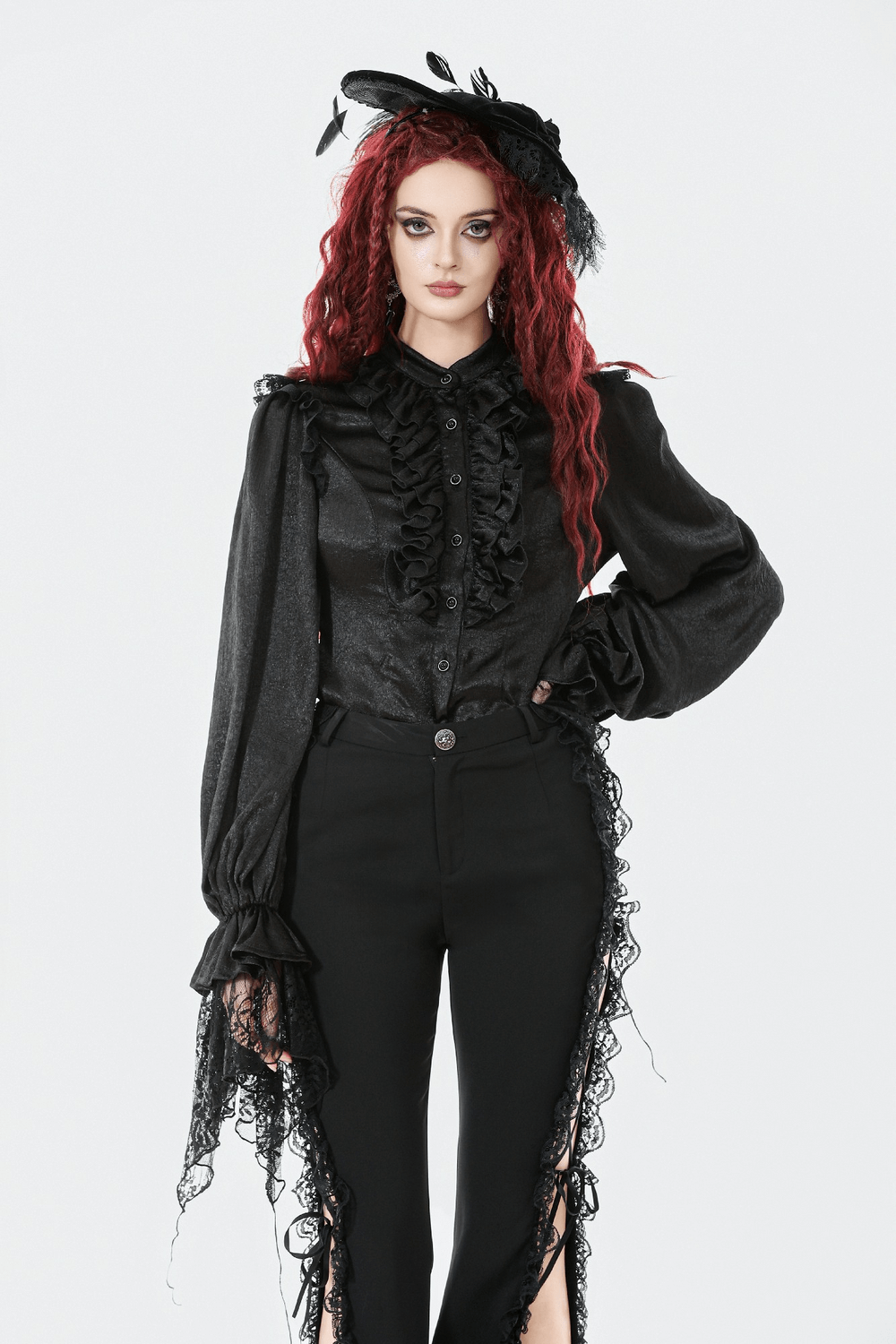 Elegant Gothic Shirt with Ruffles and Dramatic Lace Cuffs modeled by a woman with dramatic red hair and lace accents.