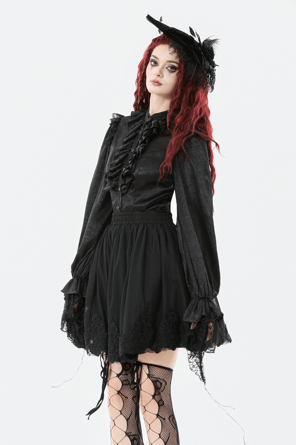 Elegant Gothic Shirt with Ruffles and Dramatic Lace Cuffs worn by a model with red hair in a dramatic outfit.