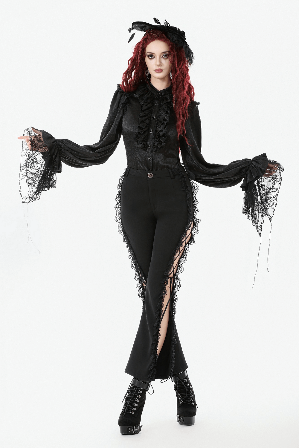 Elegant Gothic Shirt with Ruffles and Dramatic Lace Cuffs styled with dramatic lace cuffs and a dramatic hat.