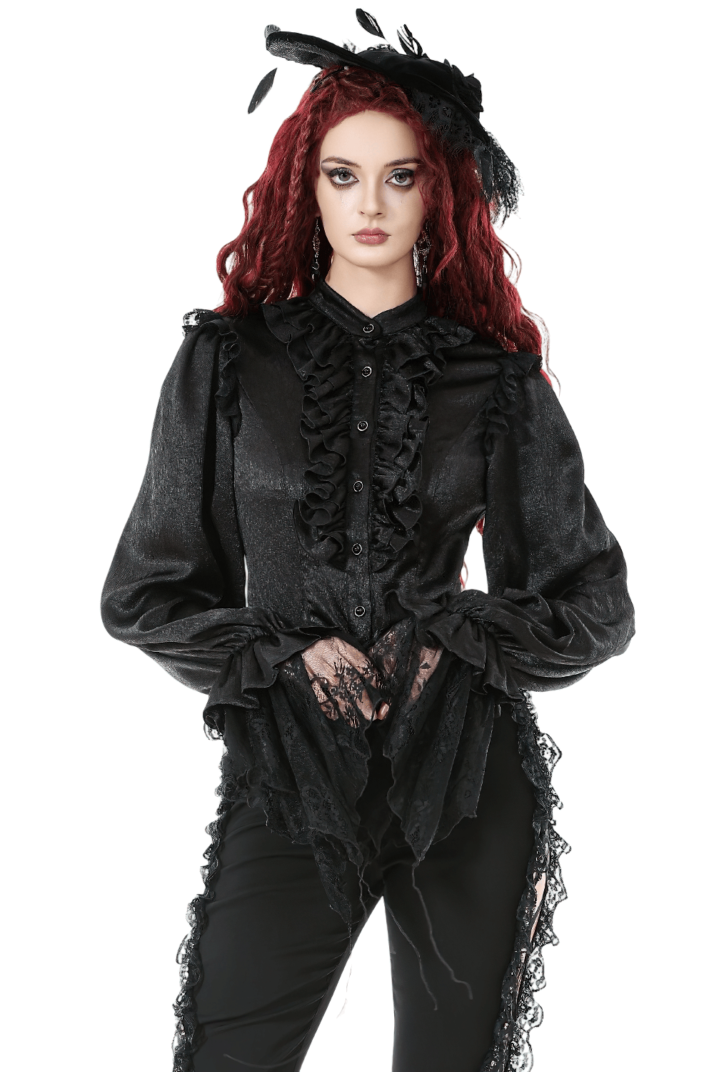 Elegant Gothic Shirt with Ruffles and Dramatic Lace Cuffs worn by model with red hair and dramatic accessories.