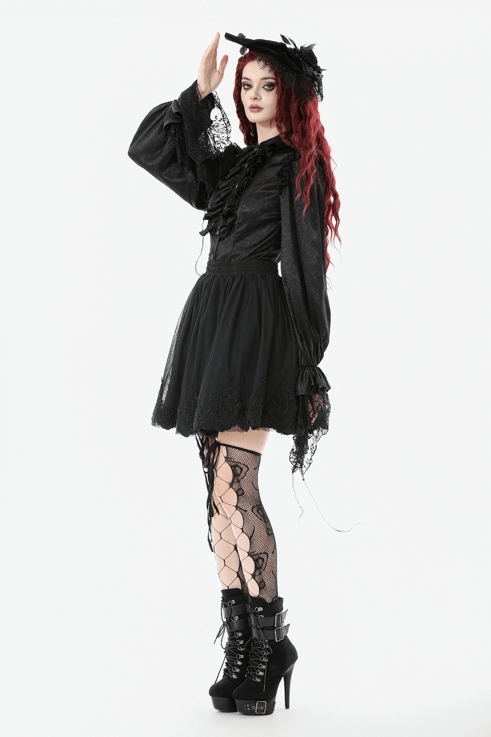 Elegant Gothic Shirt with Ruffles and Dramatic Lace Cuffs worn by model, showcasing gothic style with flared skirt and lace details.