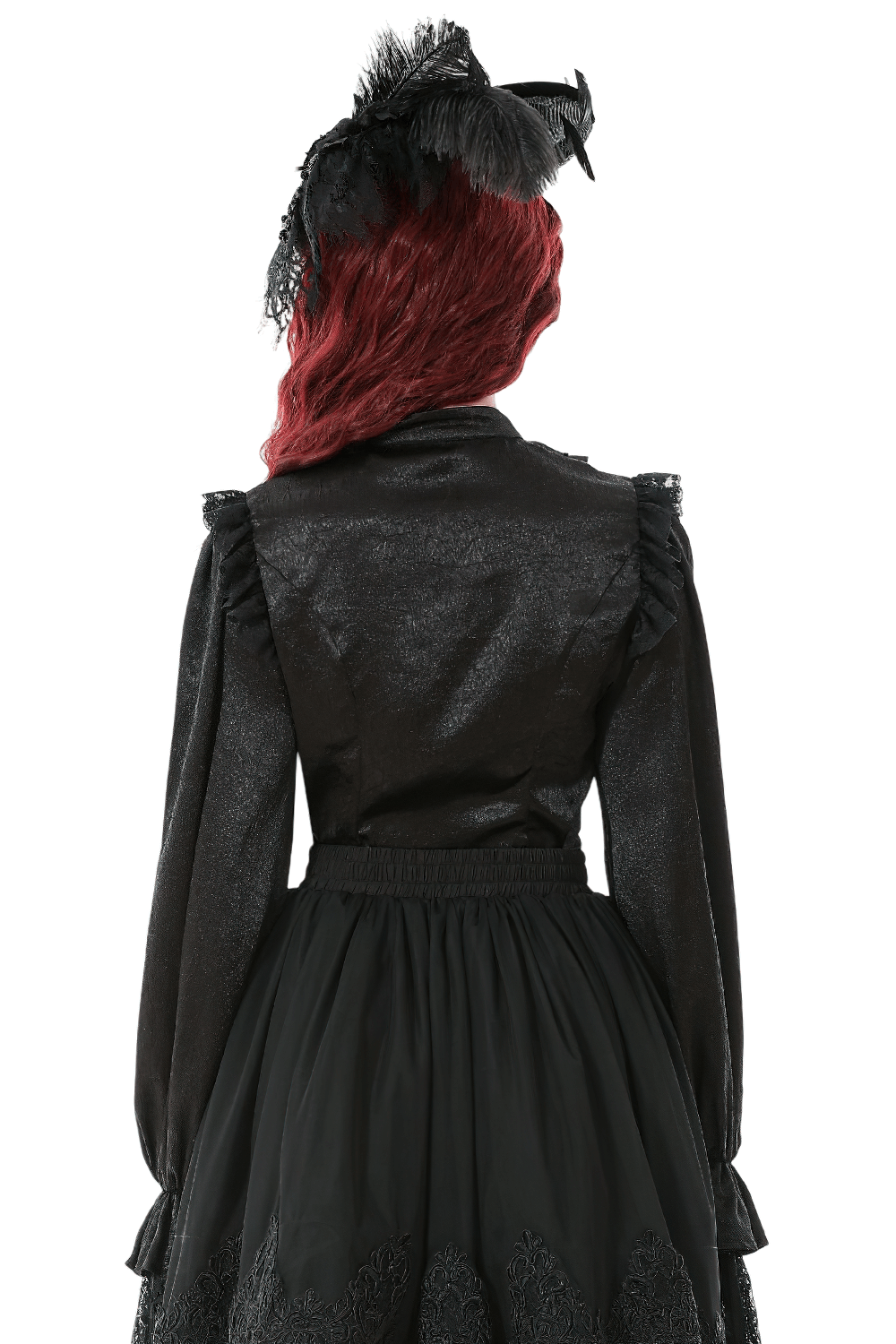 Elegant Gothic Shirt with Ruffles and Dramatic Lace Cuffs showcased from the back with ruffled shoulders and flowing skirt.