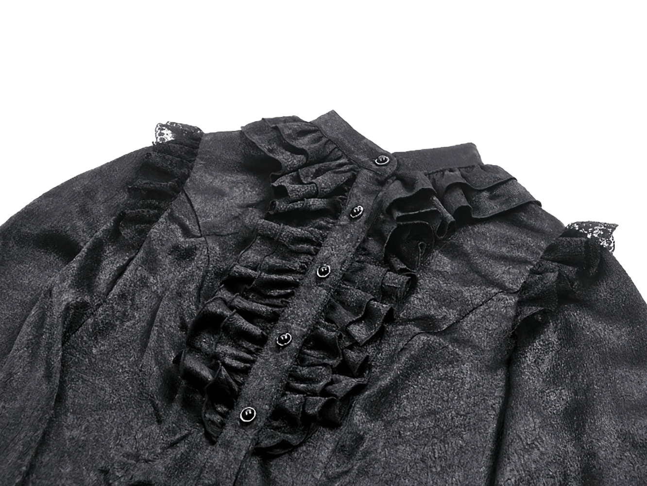 Elegant Gothic Shirt with Ruffles and Dramatic Lace Cuffs featuring ruffled front and button-up design.