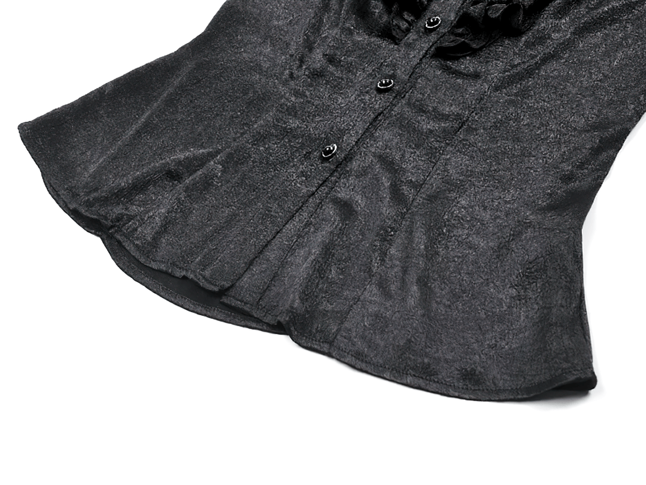 Elegant Gothic Shirt with Ruffles and Dramatic Lace Cuffs shown in black with a textured finish and button-up design.