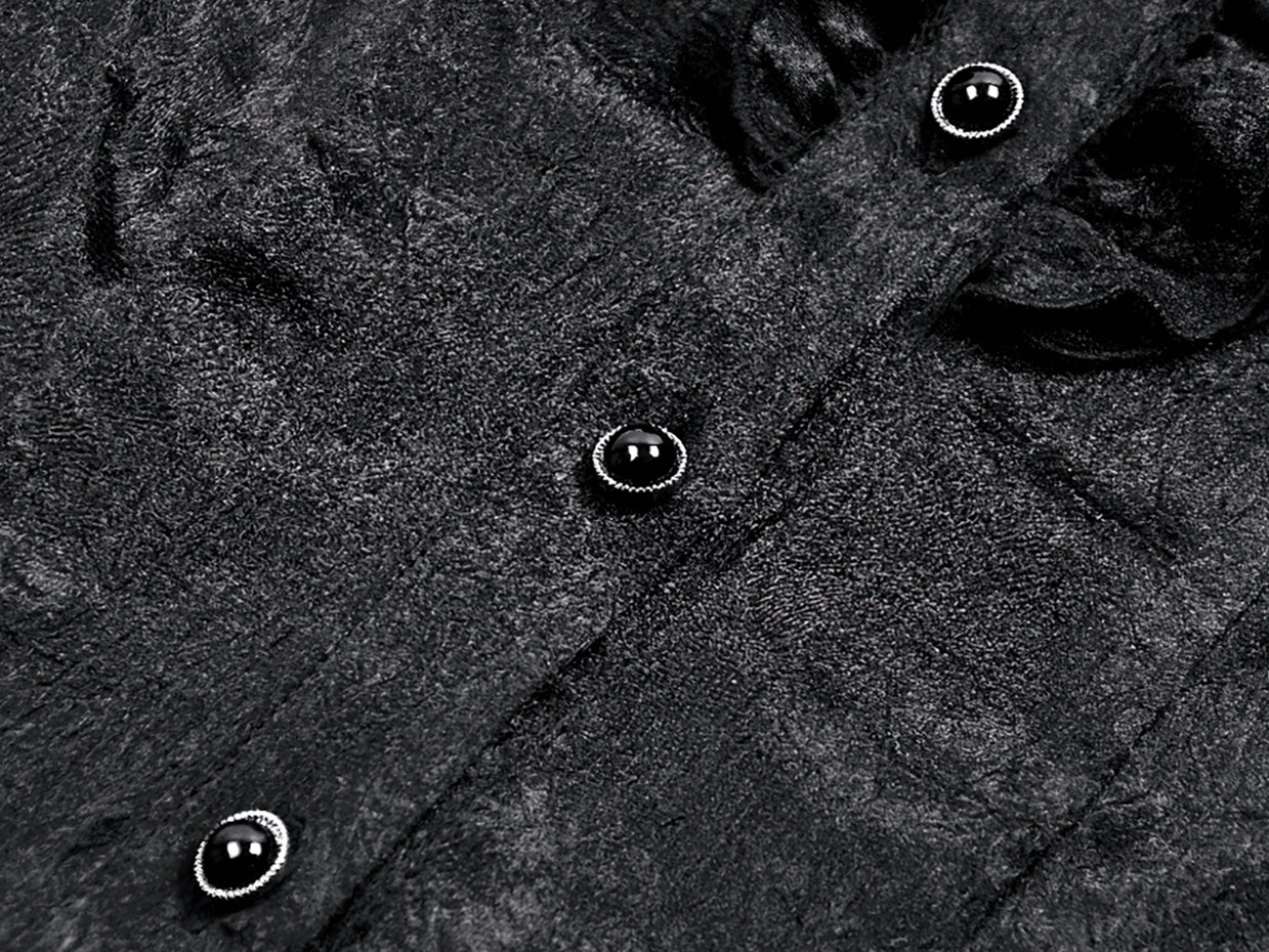 Elegant Gothic Shirt with Ruffles and Dramatic Lace Cuffs close-up showing textured fabric and button details.