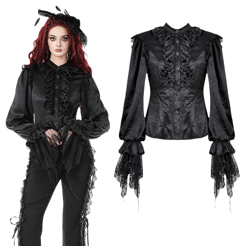 Elegant Gothic Shirt with Ruffles and Dramatic Lace Cuffs displayed on model and flat lay view.
