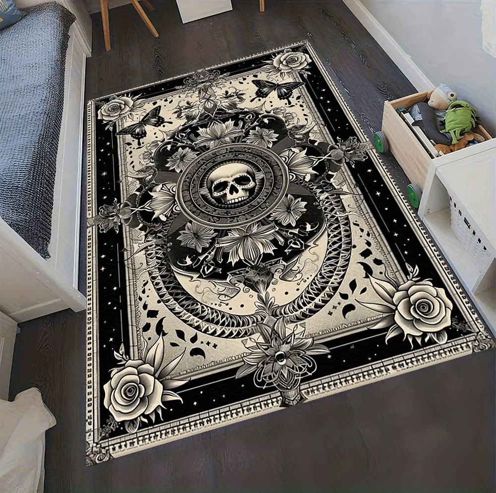 Elegant Gothic Skull Floral Non Slip Area Rug