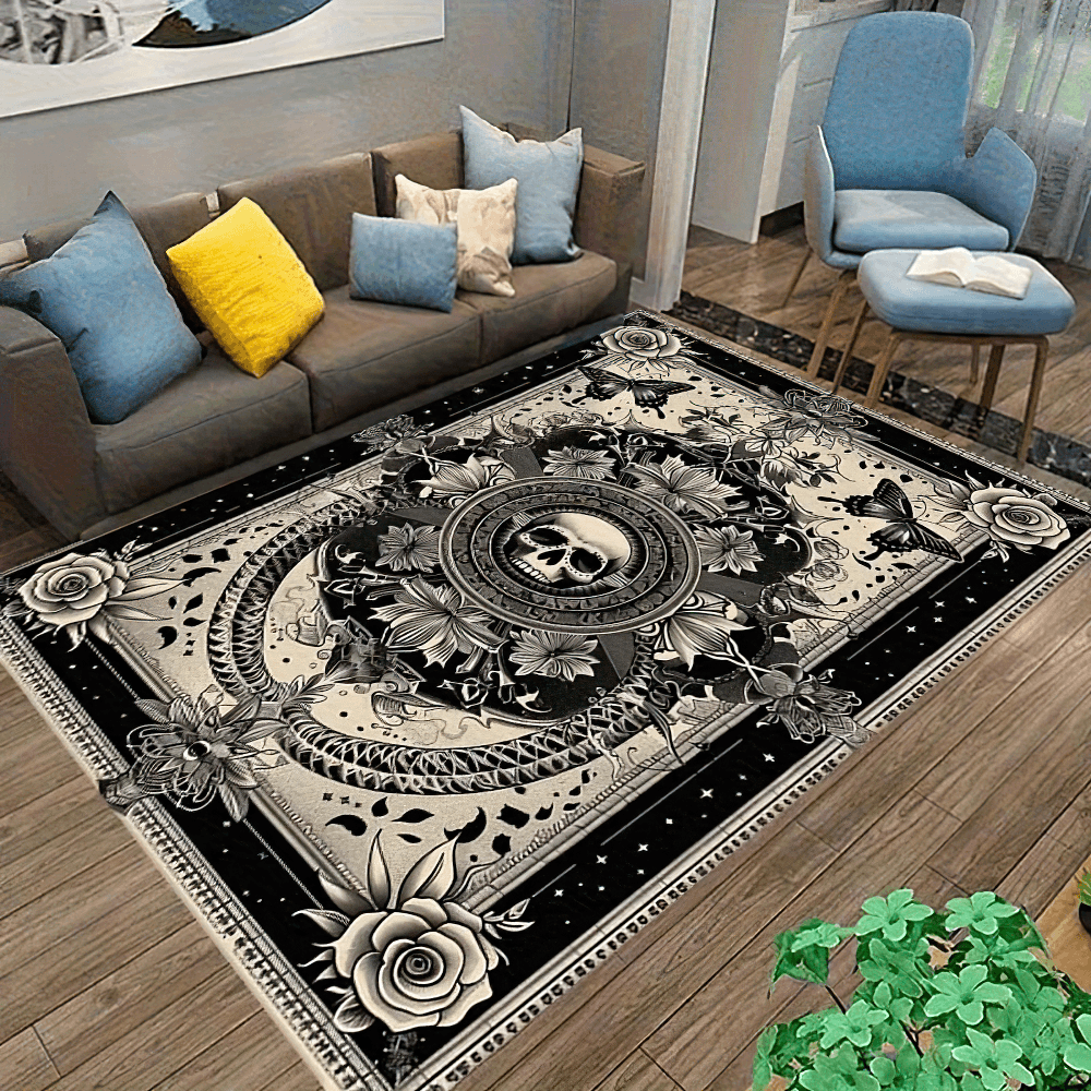 Elegant Gothic Skull Floral Non Slip Area Rug