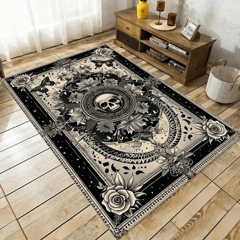 Elegant Gothic Skull Floral Non Slip Area Rug