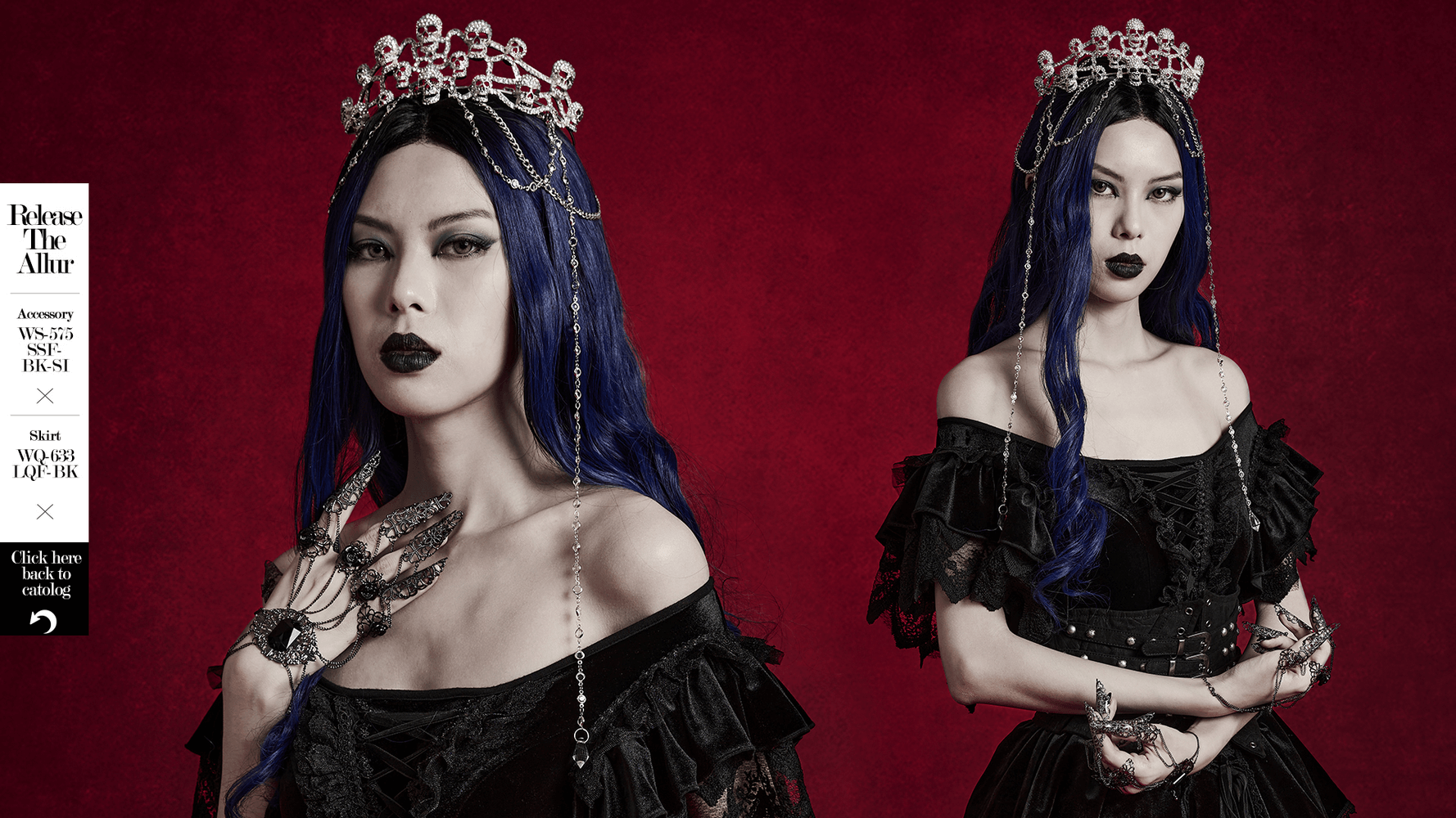 Elegant Gothic Skull Tiara worn by model, featuring chains and eerie elegance against a deep red backdrop.