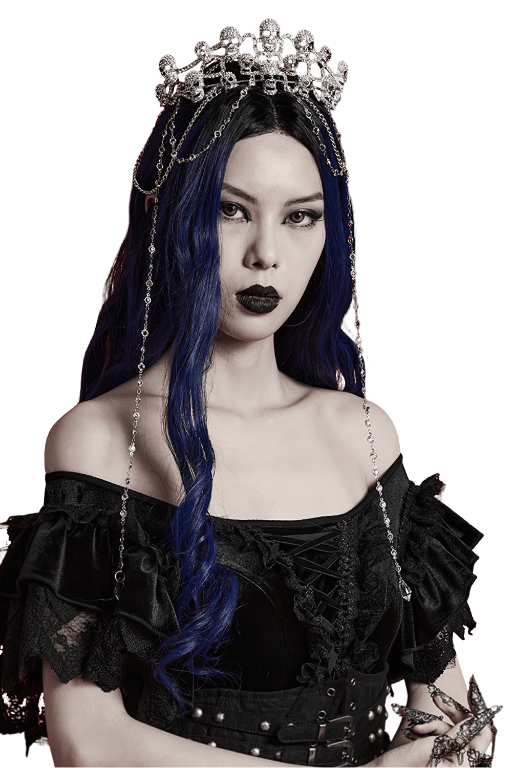 Elegant Gothic Skull Tiara worn by a model with blue hair and a dramatic black outfit, highlighting its regal allure.