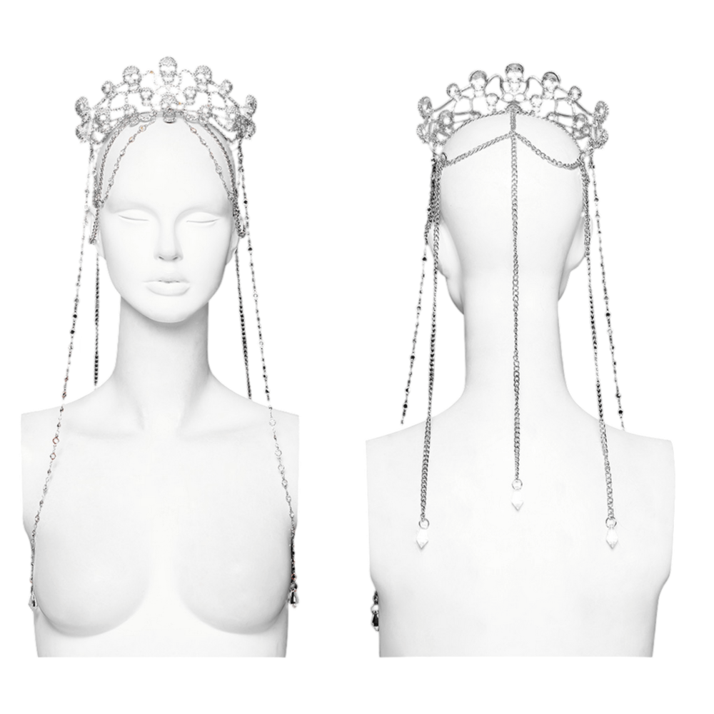 Elegant Gothic Skull Tiara with cascading chains and sparkling rhinestones, perfect for a regal and dark aesthetic.