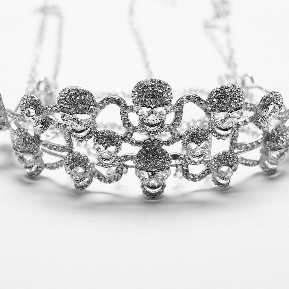 Elegant Gothic Skull Tiara adorned with shimmering rhinestones and cascading chains for a regal look.