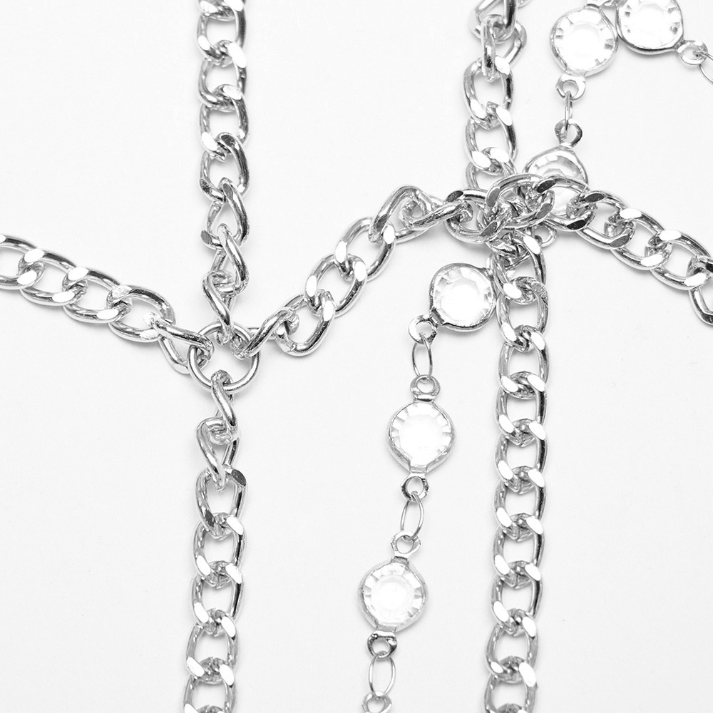 Close-up of elegant silver chains with sparkling rhinestones, perfect for Gothic tiara embellishments.