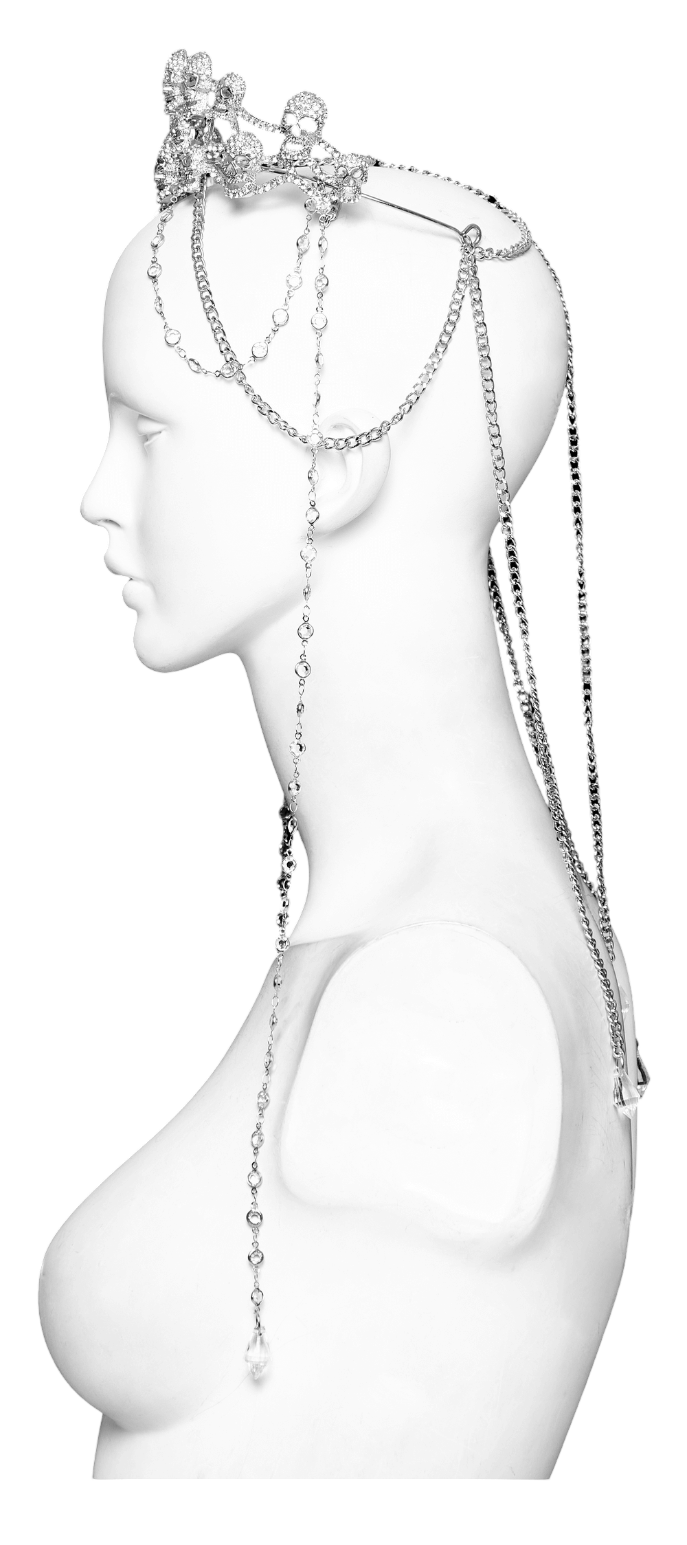 Elegant Gothic Skull Tiara with cascading chains and rhinestone accents, showcasing a regal dark aesthetic.
