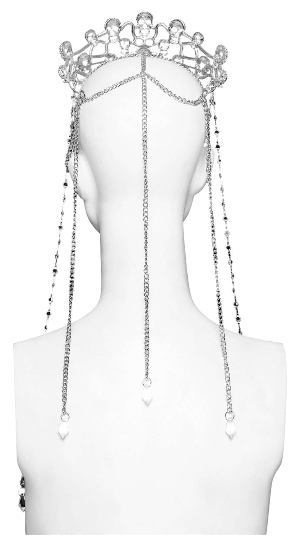 Elegant Gothic Skull Tiara with chain accents from the back, showcasing the intricate design and shimmering rhinestones.