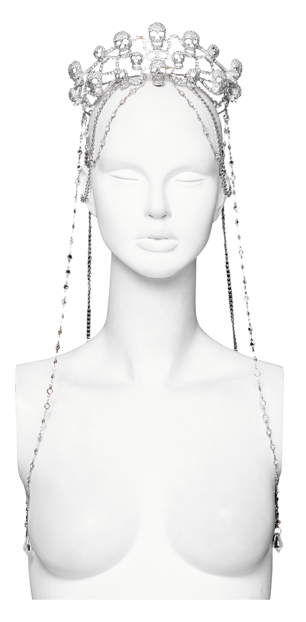 Elegant Gothic Skull Tiara with chains, adorned with sparkling rhinestones for a darkly opulent look.