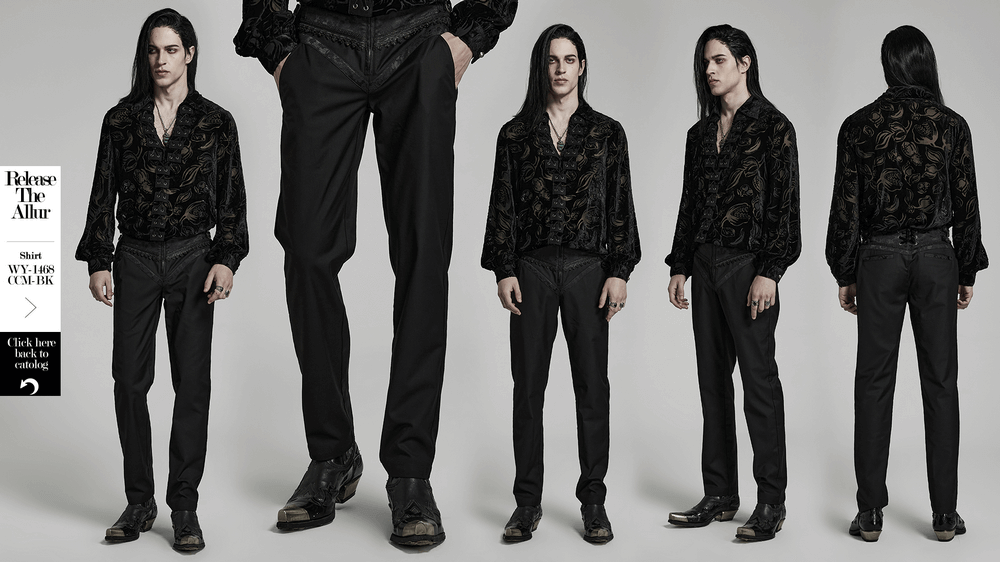 Elegant Gothic slim-fit jacquard trousers featuring lace details and unique carved buckles for a stylish look.