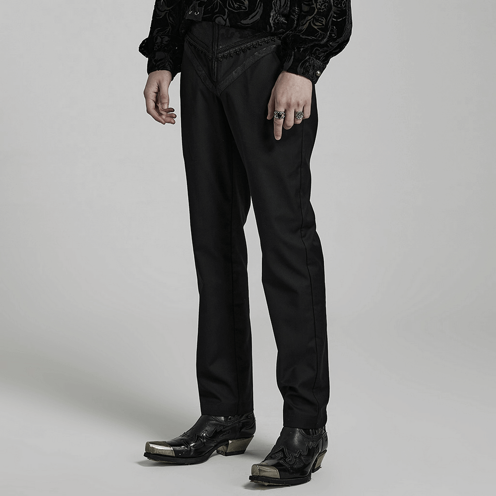 Elegant Gothic slim-fit jacquard pants with lace details and unique buckles, perfect for a stylish gothic look.