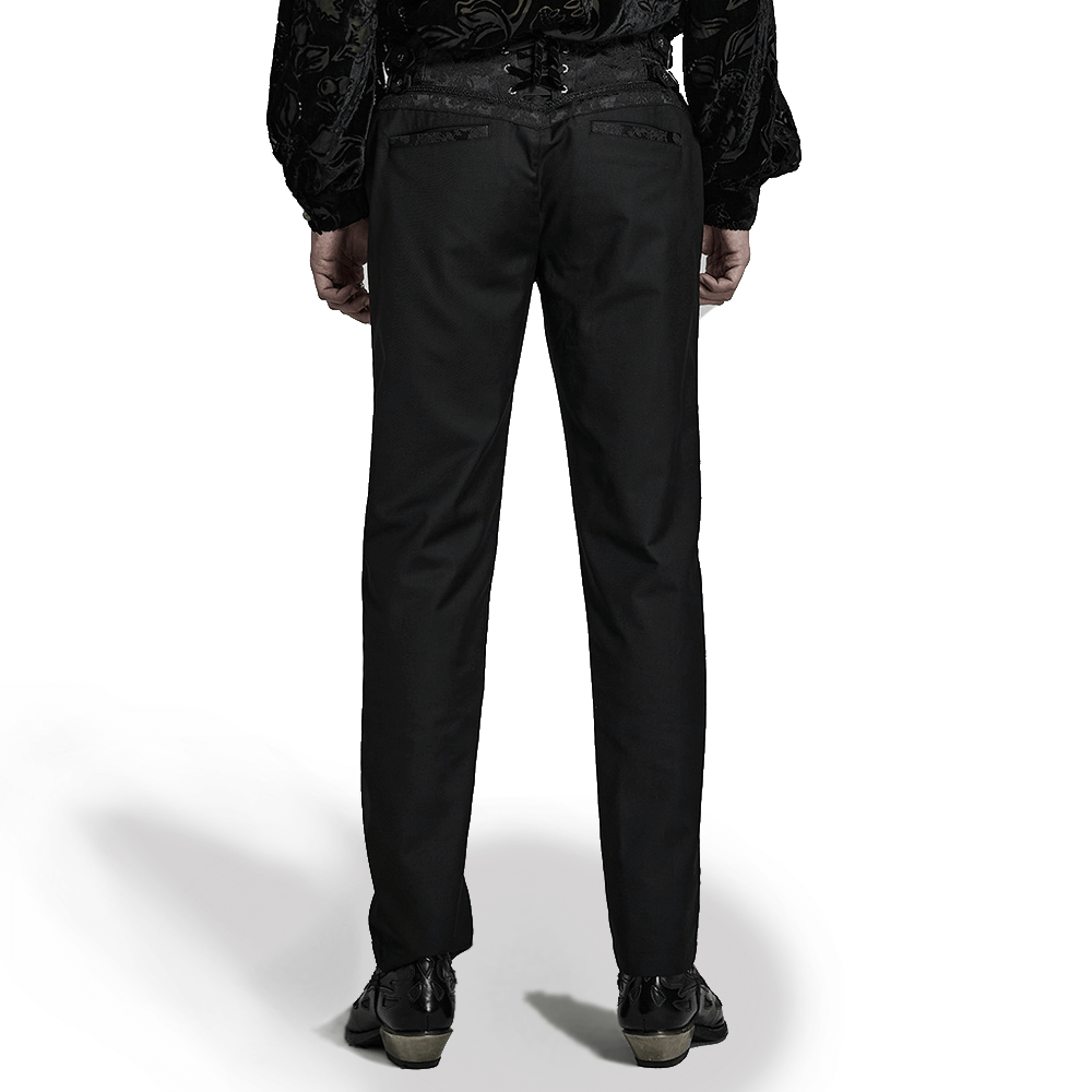 Back view of elegant Gothic slim-fit jacquard pants with lace detail and adjustable eyelets for a tailored fit.