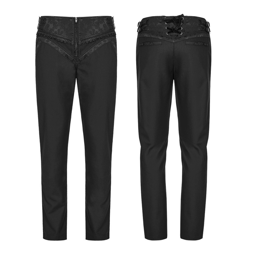 Elegant Gothic slim-fit jacquard pants with lace detailing and adjustable back eyelets, perfect for gothic style lovers.