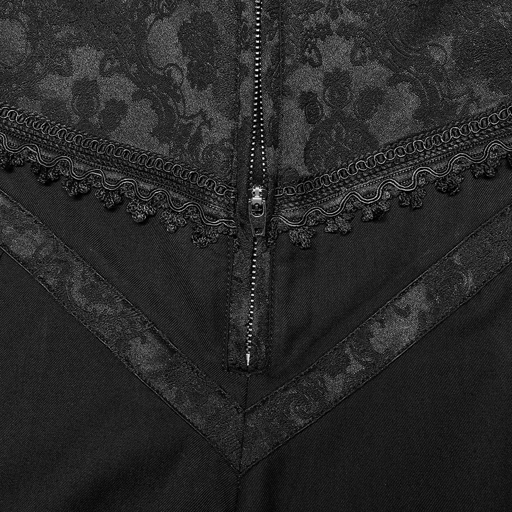 Close-up of Elegant Gothic Slim-Fit Jacquard Pants showcasing lace details and zip.