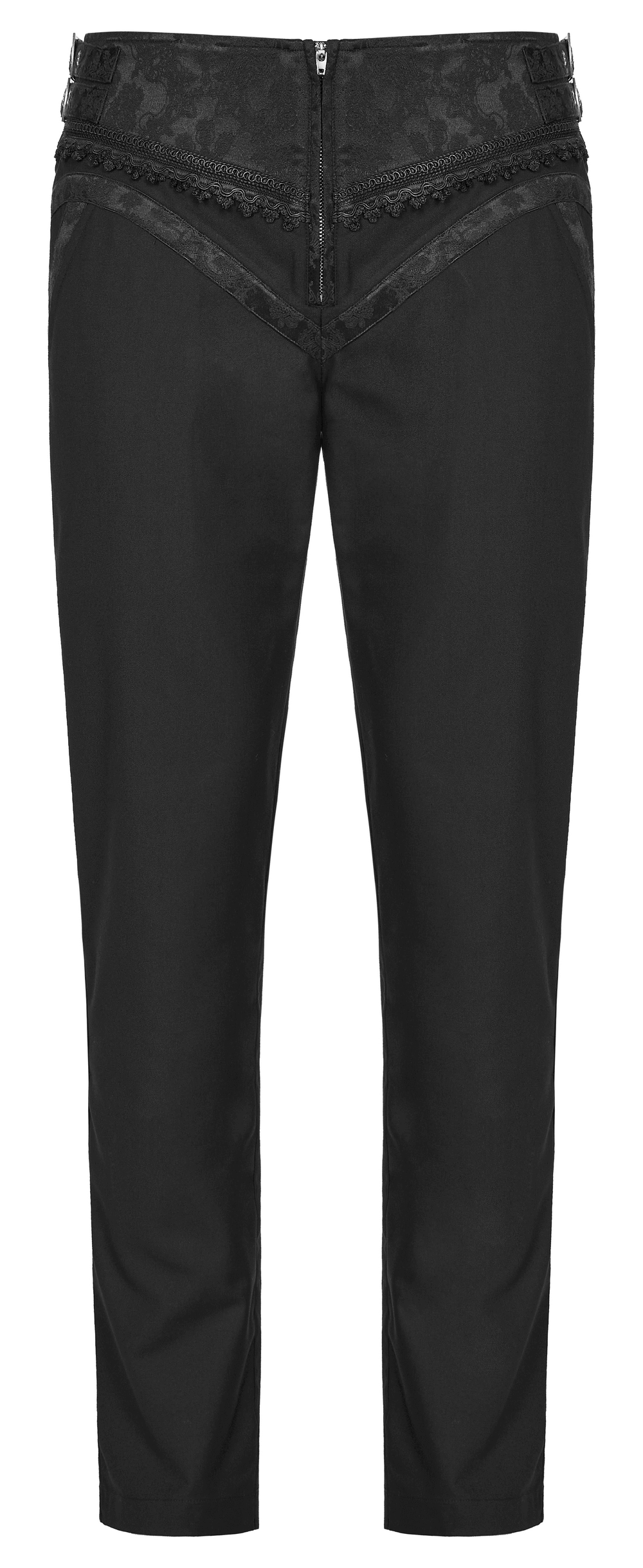 Elegant Gothic slim-fit jacquard pants with lace detail and adjustable eyelets for a tailored gothic style.