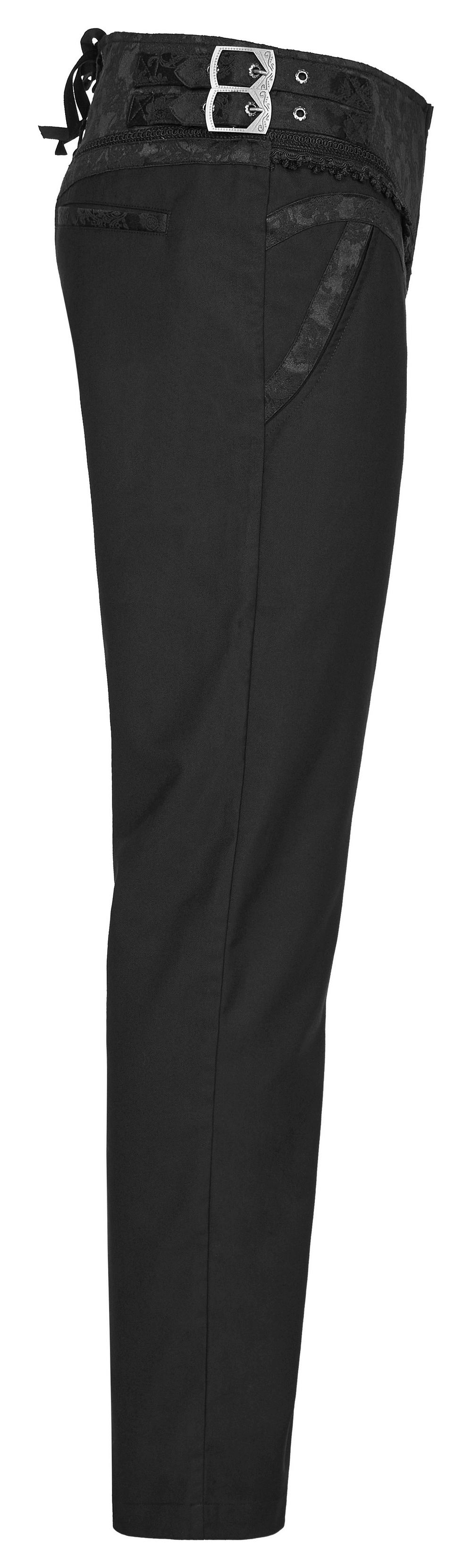 Elegant Gothic slim-fit jacquard pants featuring lace details and adjustable buckles, perfect for a stylish gothic look.