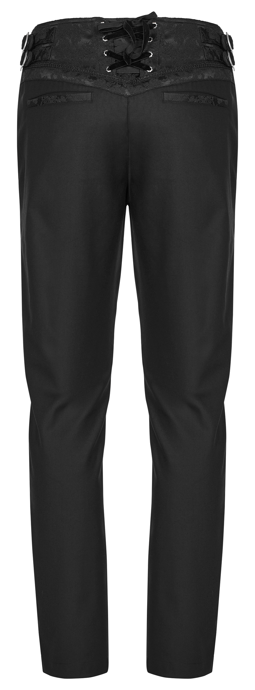 Elegant Gothic slim-fit jacquard pants featuring lace detail and adjustable eyelets for a tailored gothic style.
