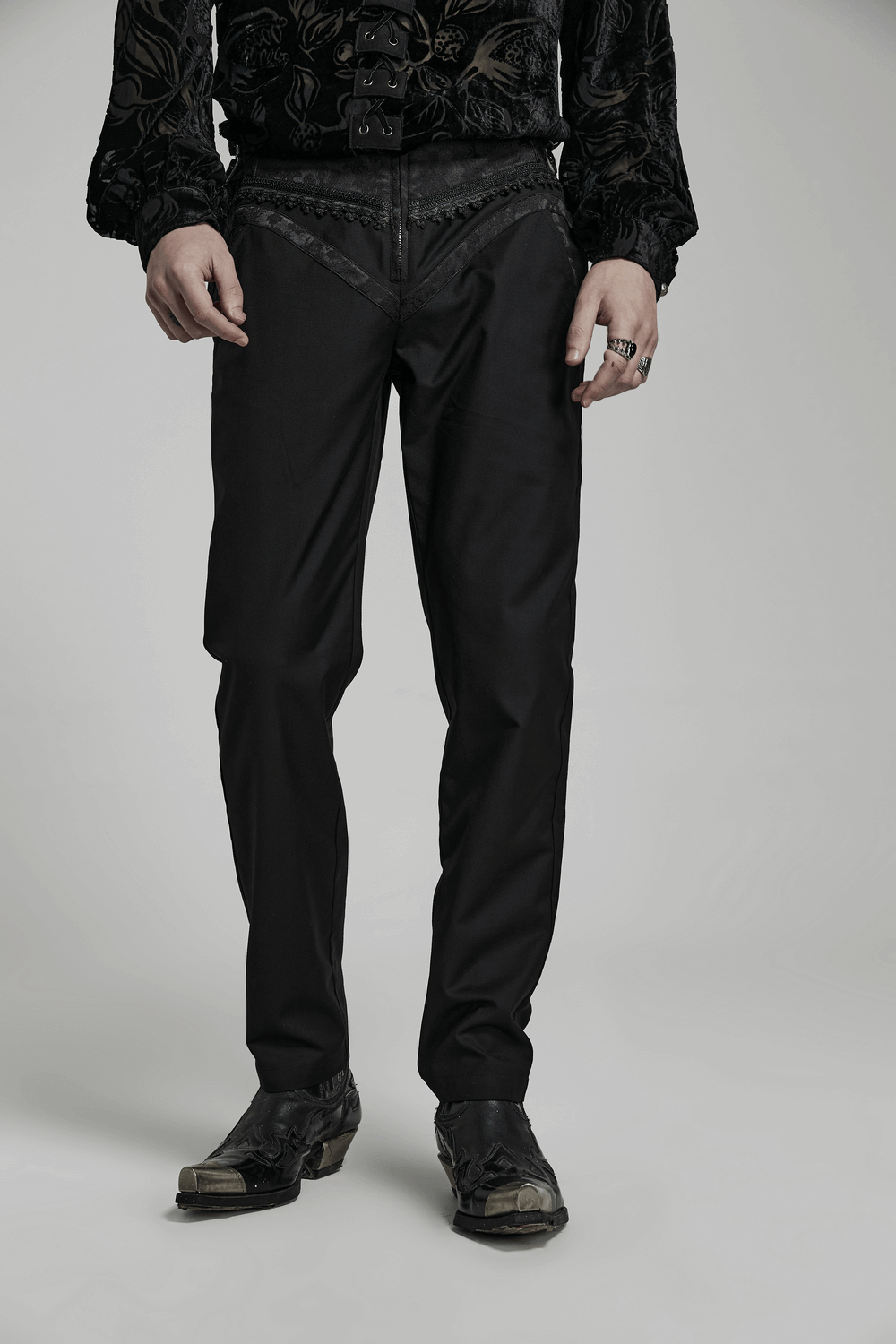Elegant Gothic slim-fit jacquard pants with lace detail and unique buckles, showcasing gothic style.
