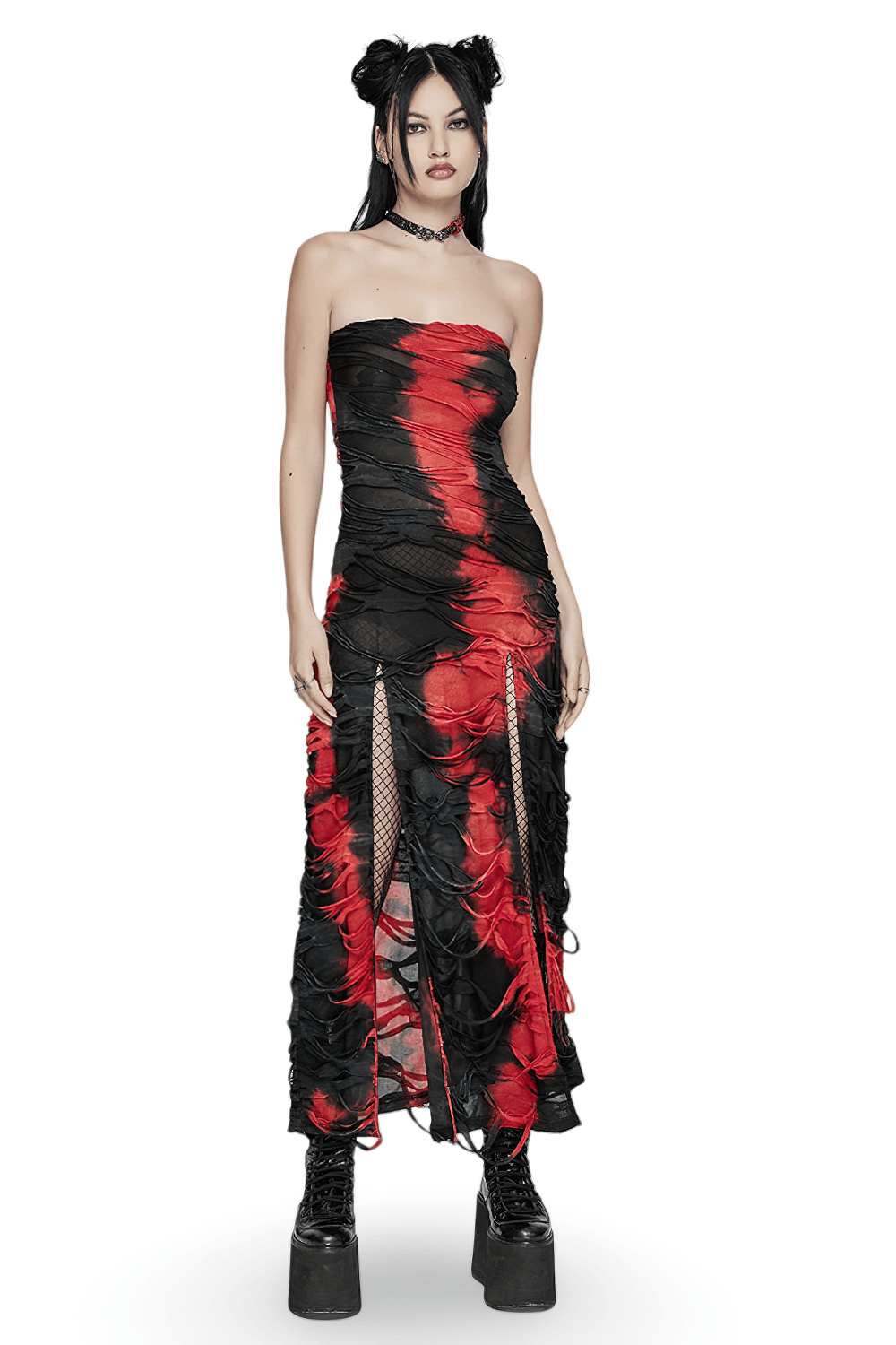 Elegantes trägerloses Gothic-Strickkleid mit Batikmuster und Schlitz