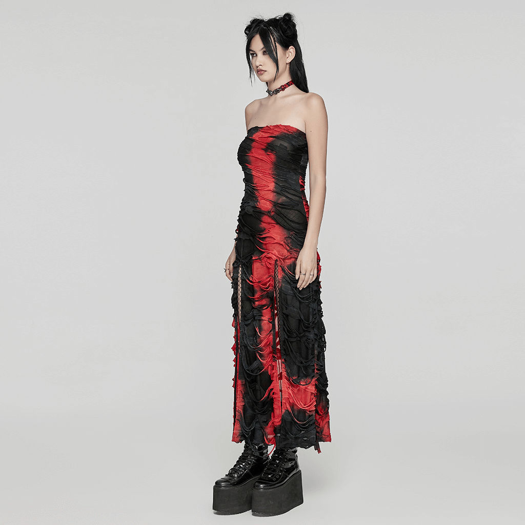 Elegant Gothic Strapless Tie-Dye Knitted Dress with Slit