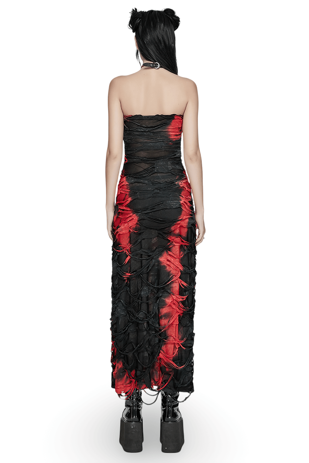 Elegantes trägerloses Gothic-Strickkleid mit Batikmuster und Schlitz