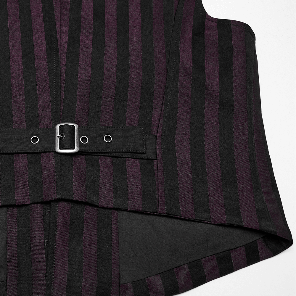 Elegant Gothic striped waistcoat for men featuring back buckle strap and sleek silhouette for alternative fashion.