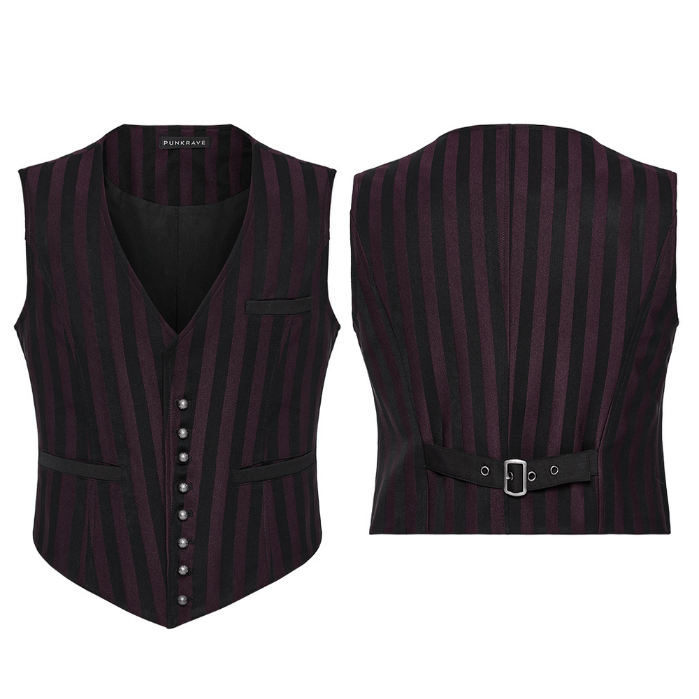 Elegant Gothic striped waistcoat for men with deep V-neck and adjustable back buckle.