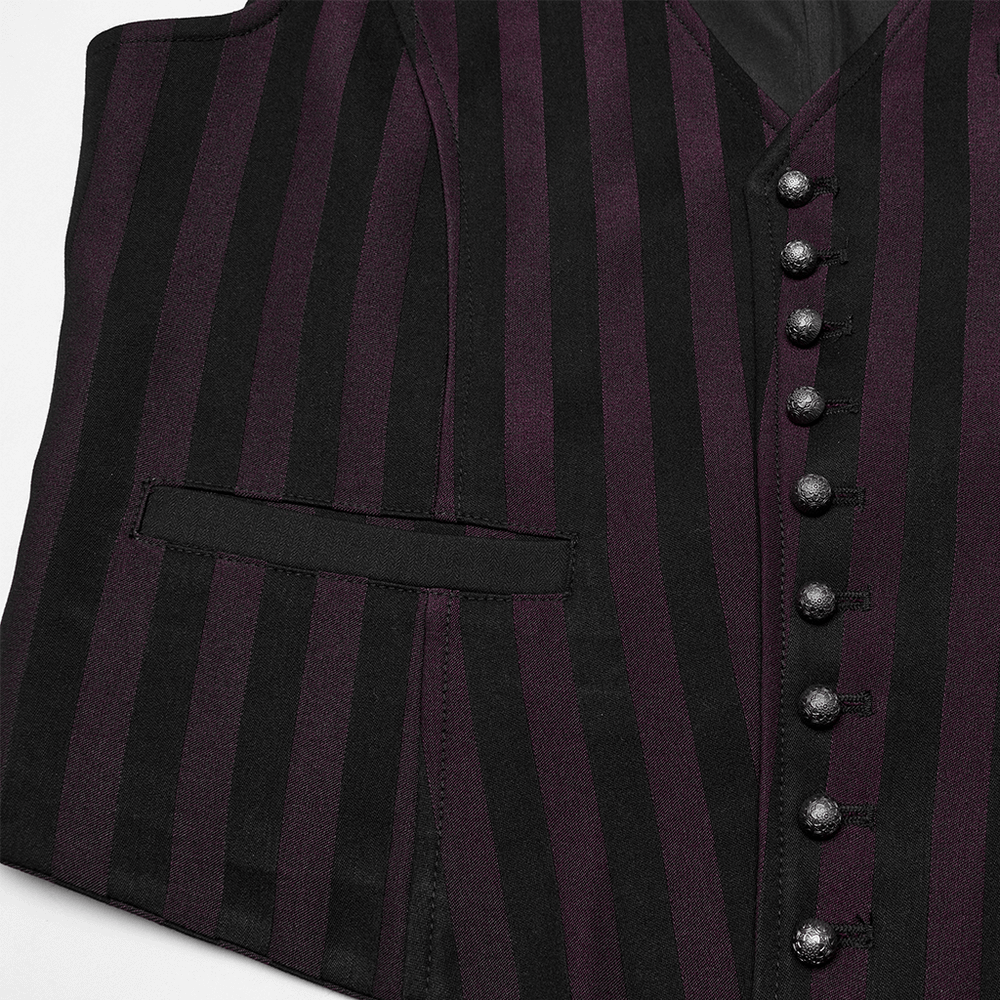 Elegant gothic striped waistcoat for men with deep V-neck and retro buttons, perfect for steampunk fashion.