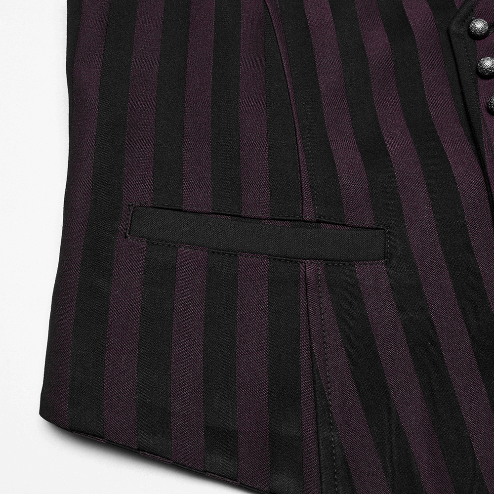 Elegant gothic striped waistcoat detail featuring a deep V-neck and retro carved buttons.